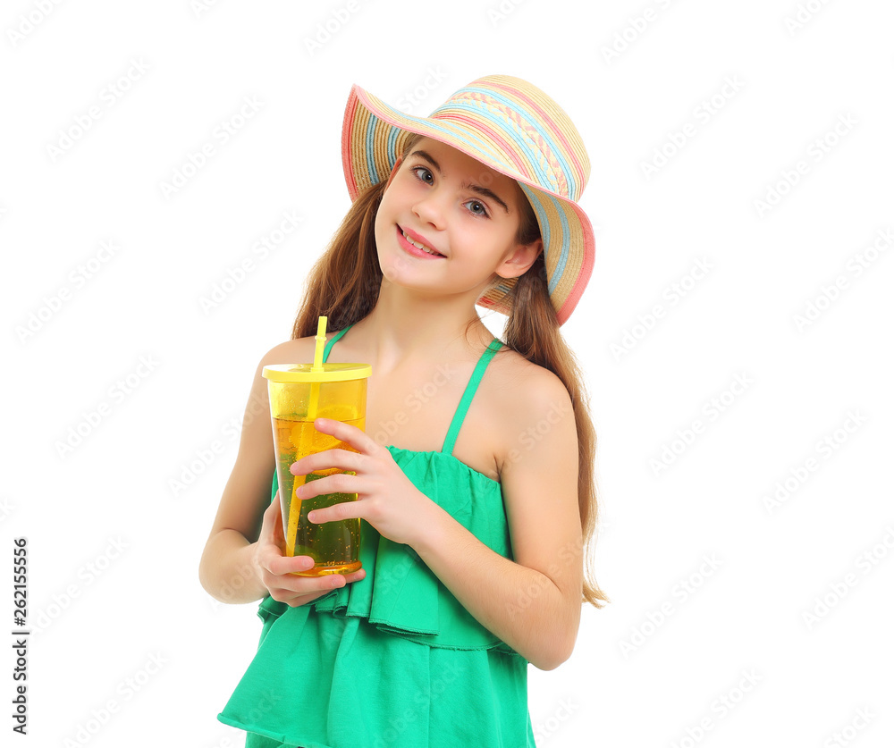 Bright summer portrait of a 10-year-old girl with lemonade in a hat Bright summer portrait of a 10-year-old girl with lemonade in a hat