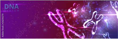 Abstract banner with luminous DNA molecule, neon female X chromosome.