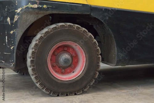 The front wheels of the forklift