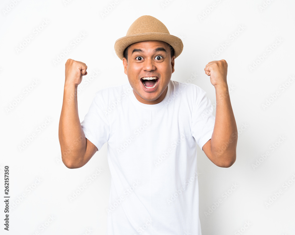 Asian man is feeling happy on white background. Asian man is feeling happy on white background.