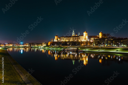 Wawel hill with royal castle at night. Krakow is one of the most famous landmark in Poland © dziewul