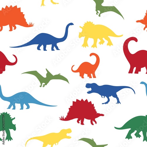 Seamless repeat pattern with colorful dinosaur silhouettes 