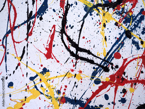 Splash oil painting blue red yellow colors on white canvas background and textured.Abstract background.Modern arts