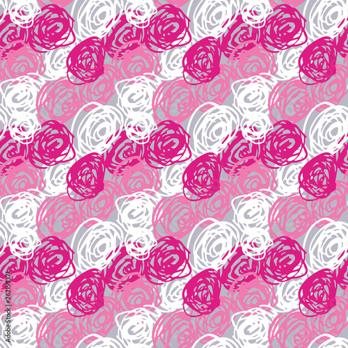 Abstract drawing. Pink curls on gray. Seamless pattern.