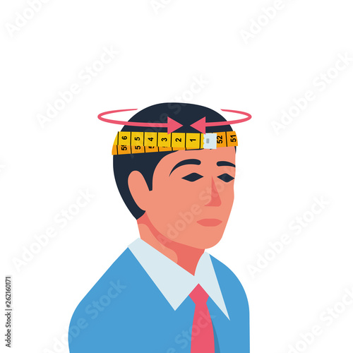Human measuring her head with a centimeter. Diameter of head. Vector illustration flat design. Isolated on white background. Remove the size.