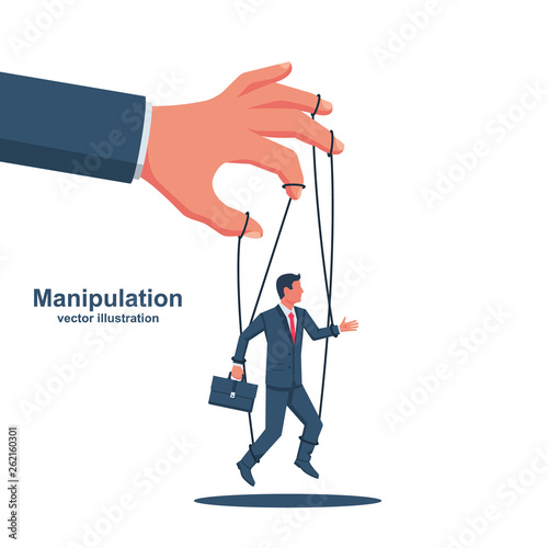 Manipulation concept. Worker on ropes. Abuse of power. Vector illustration flat cartoon. Hand of puppeteer holding a little businessman on a leash. Control workers.