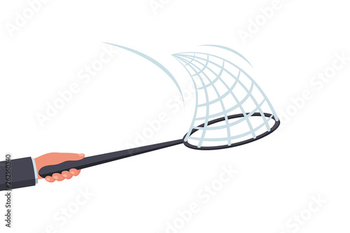 Hand with a net. Vector illustration flat design. Isolated on white background. Net for catching butterflies with handle.
