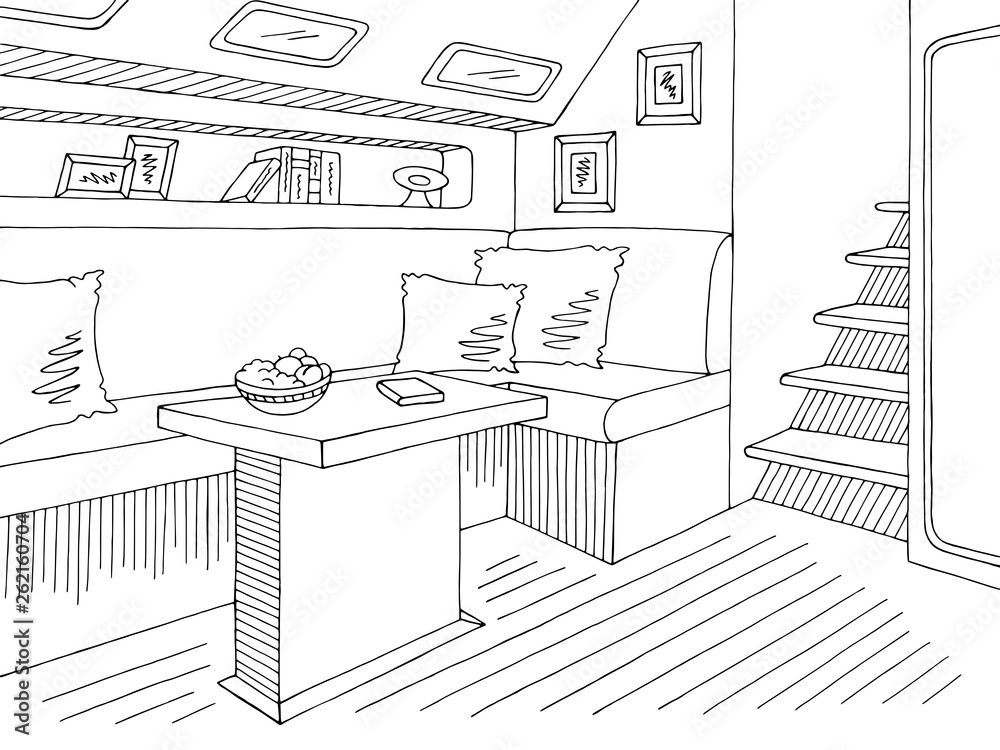 Yacht interior graphic black white sketch illustration vector
