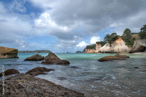 Rock formations and islands off the beach at Cathedral Cove