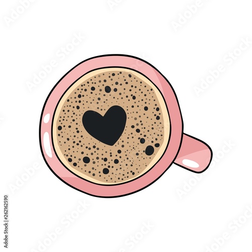 Cup of coffee with heart foam shape. Hand drawn cartoon style coffee beverage drink