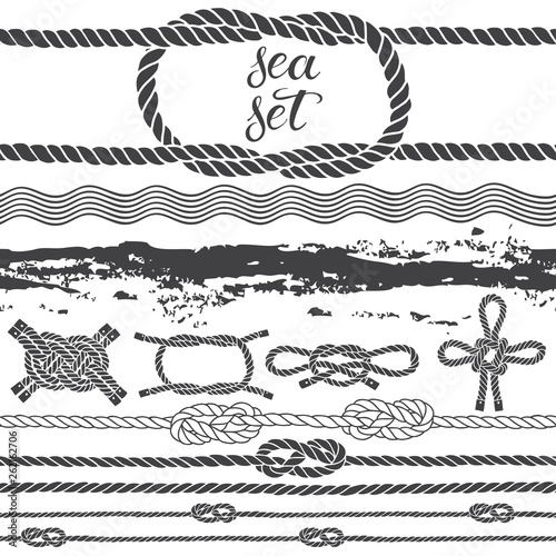 Sea set of marine rope, knots, waves and sea texture. Vector isolated elements on a white background. Hand-drawn vector illustration.