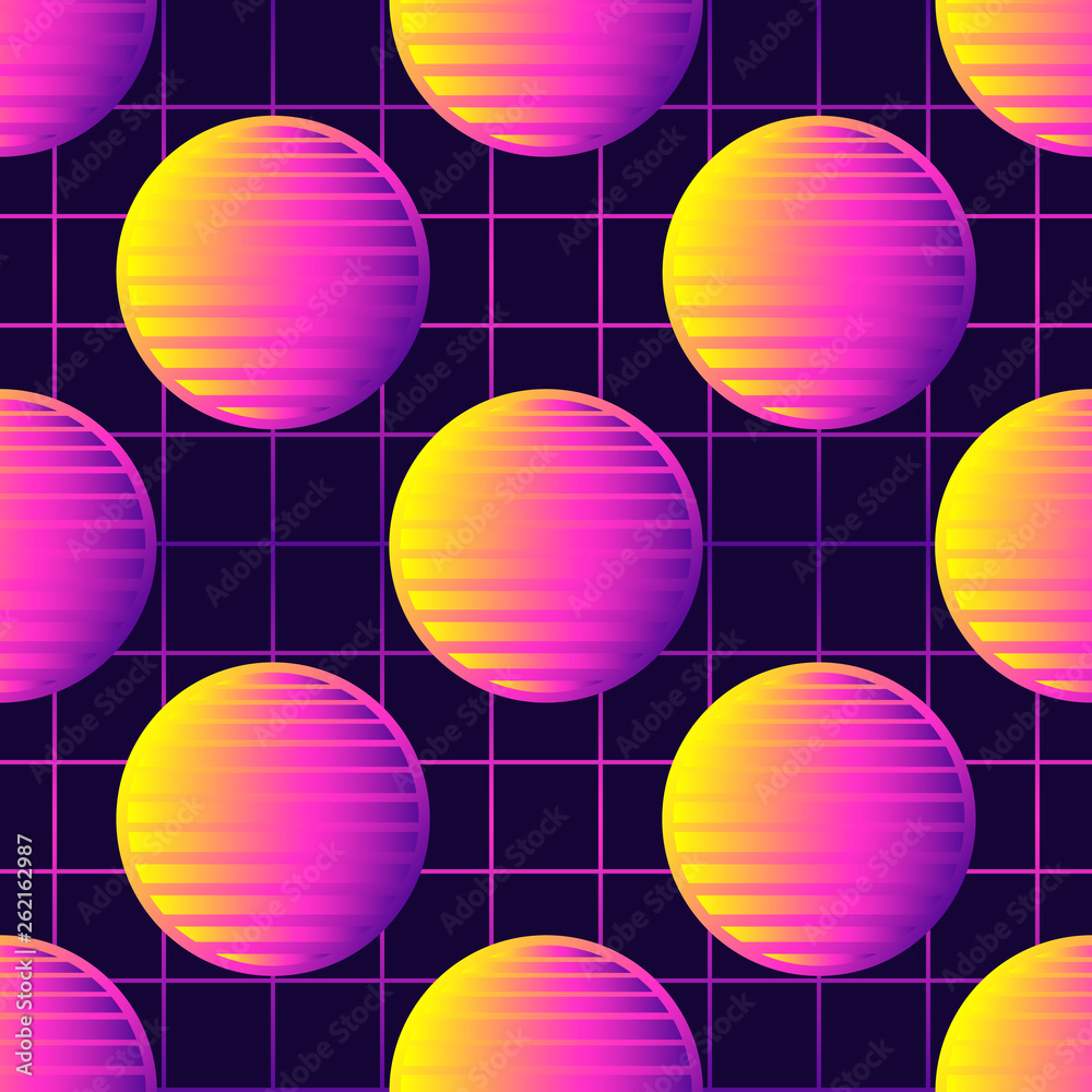Neon retrowave 80s style seamless pattern with spheres, sun symbols.  Futuristic digital vector wallpaper. Vaporwave, cyberpunk aesthetics. Laser  grid background. Stock Vector | Adobe Stock