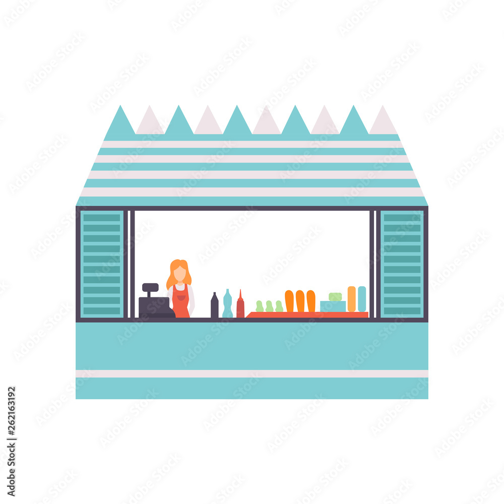 Obraz premium Street Food Stall with Fast Food and Female Seller, Retail Street Selling Kiosk Vector Illustration