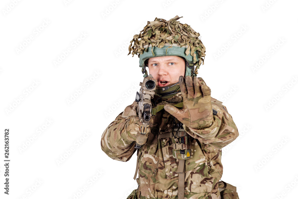 soldier doing stop sing with palm of the hand. soldier doing stop sing with palm of the hand.