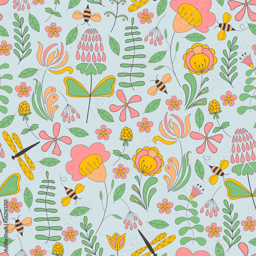 Seamless abstract hand-drawn floral pattern. Botanical vector background. Summer illustration