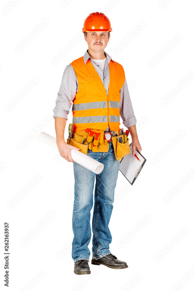 Builder man with pen writing on invisible wall. Builder man with pen writing on invisible wall.