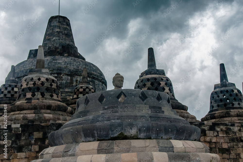 The perforated stupas on the top of the Borobudur Temple, Yogyakarta, Indonesia