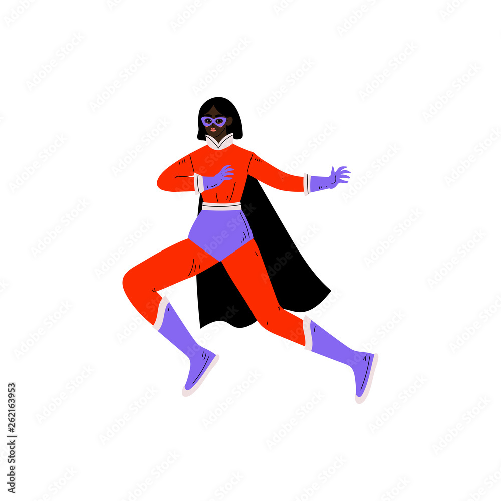 Young Woman in Bright Superhero Costume and Mask, Super Girl Character Vector Illustration