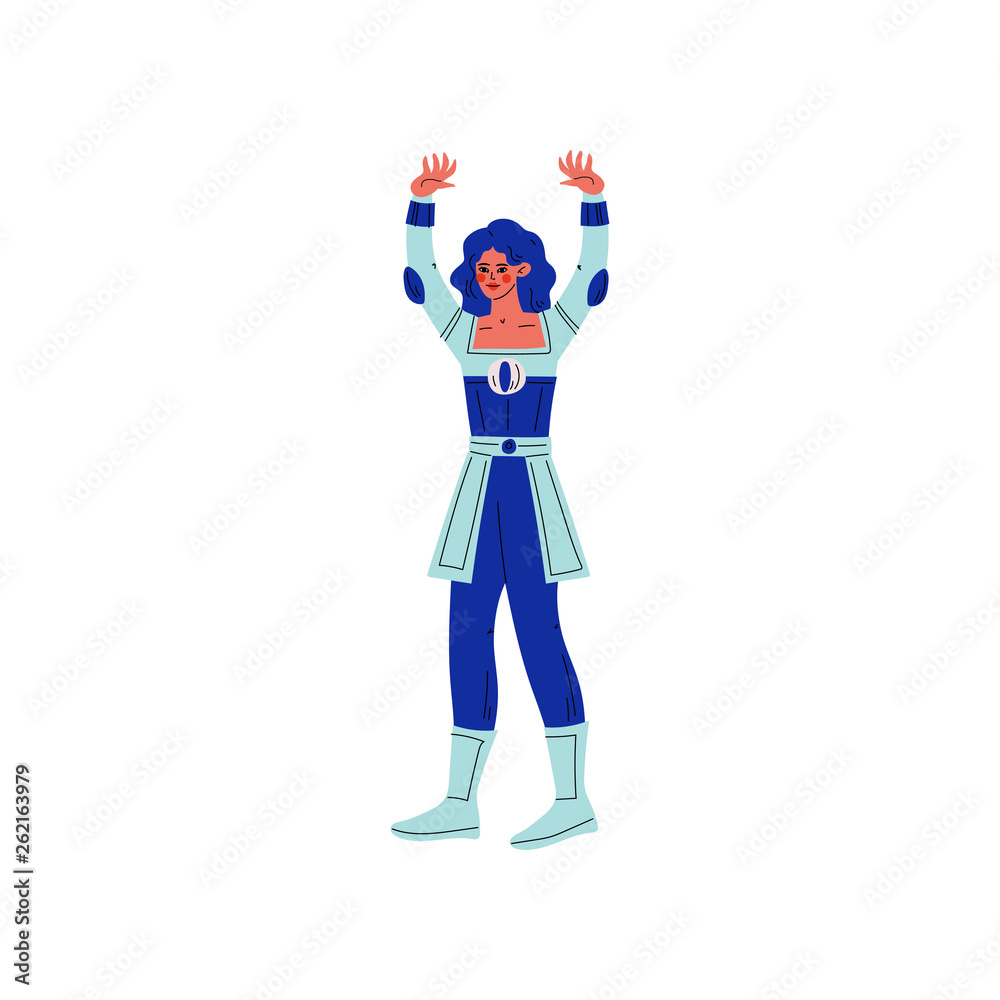 Young Woman in Blue Superhero Costume, Super Girl Character Standing with Arms Raised Vector Illustration