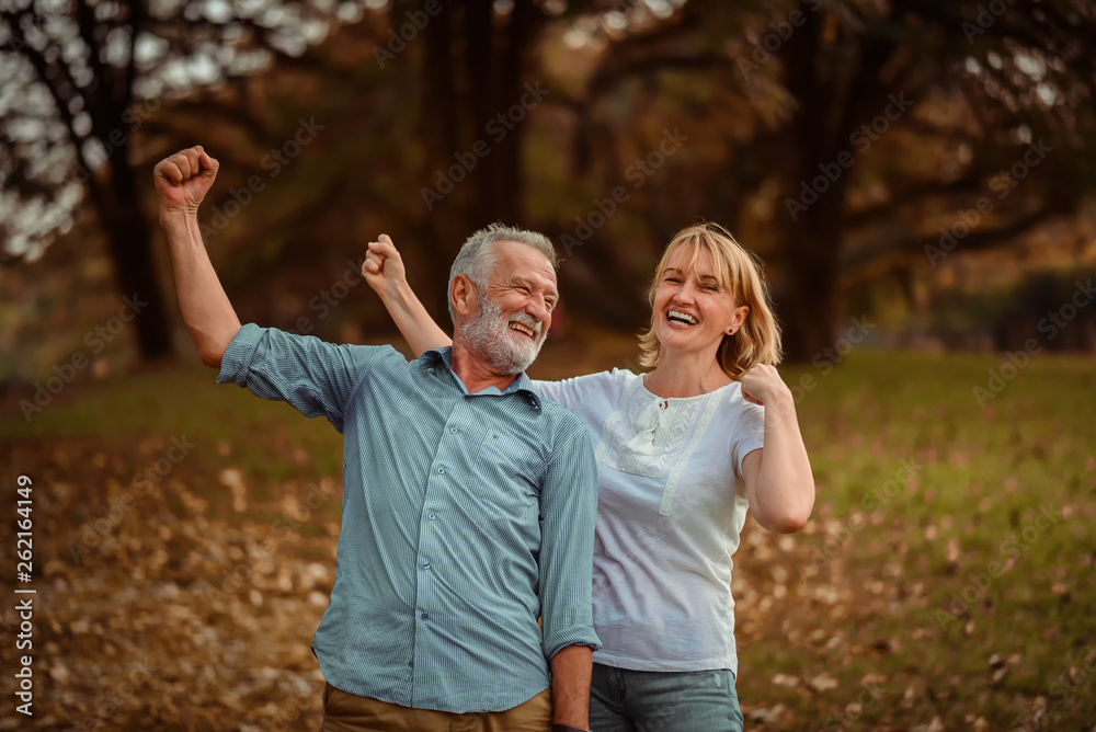 Fototapeta premium Lifestyle senior couple happy and relaxed . Good Healthy elderly in park nature. Group of Senior Retirement dancing and enjoy vacation summer 