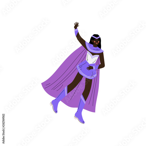 Beautiful African American Woman in Purple Superhero Costume, Super Girl Character Vector Illustration