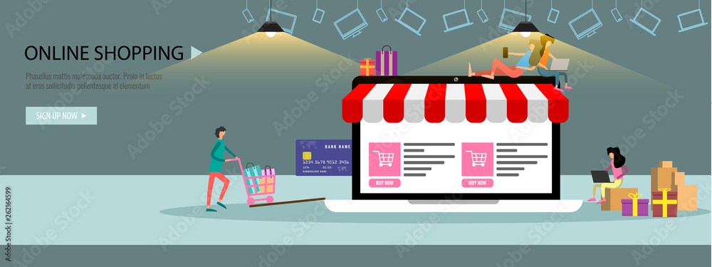 Online shopping or online store concept Landing page template or banner with tiny people big laptop credit card. Flat color vector illustration.