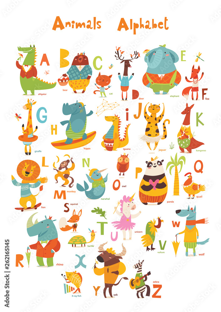 Vector animals abc with cute cartoon animals and letters. 