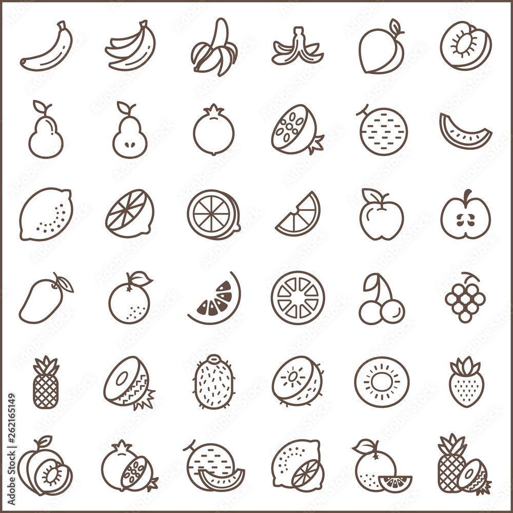 Set of fruit Vector Line Icons, thin line style. Contains such Icons as banana, peach, pear, pomegranate, melon, lemon, apple, mango And Other Elements.