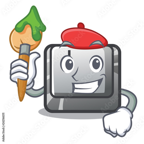 Artist button J installed on cartoon computer