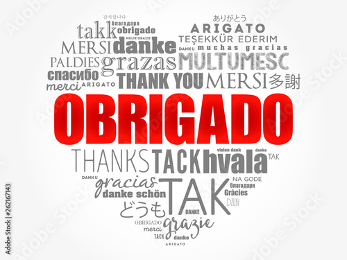 Obrigado (Thank You in Portuguese) love heart Word Cloud in different languages