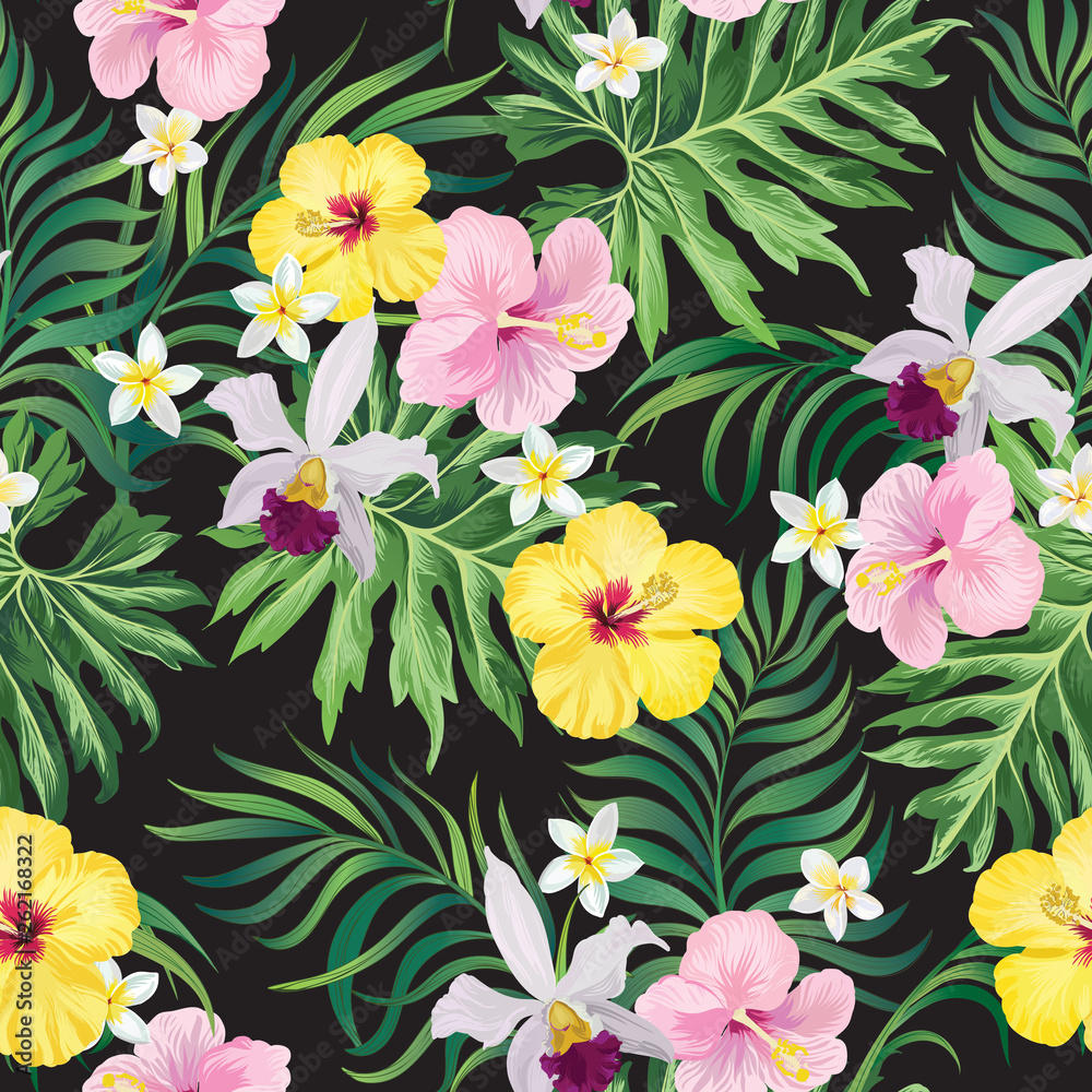 Seamless tropical background with palm leaves and jungle flowers. Summer vector textile print.
