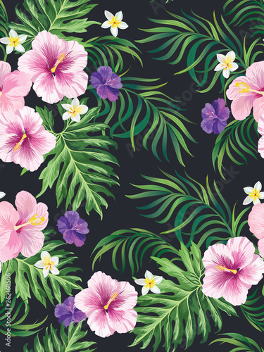 Fototapeta Naklejka Na Ścianę i Meble -  Seamless tropical background with palm leaves and jungle flowers. Summer vector textile print.