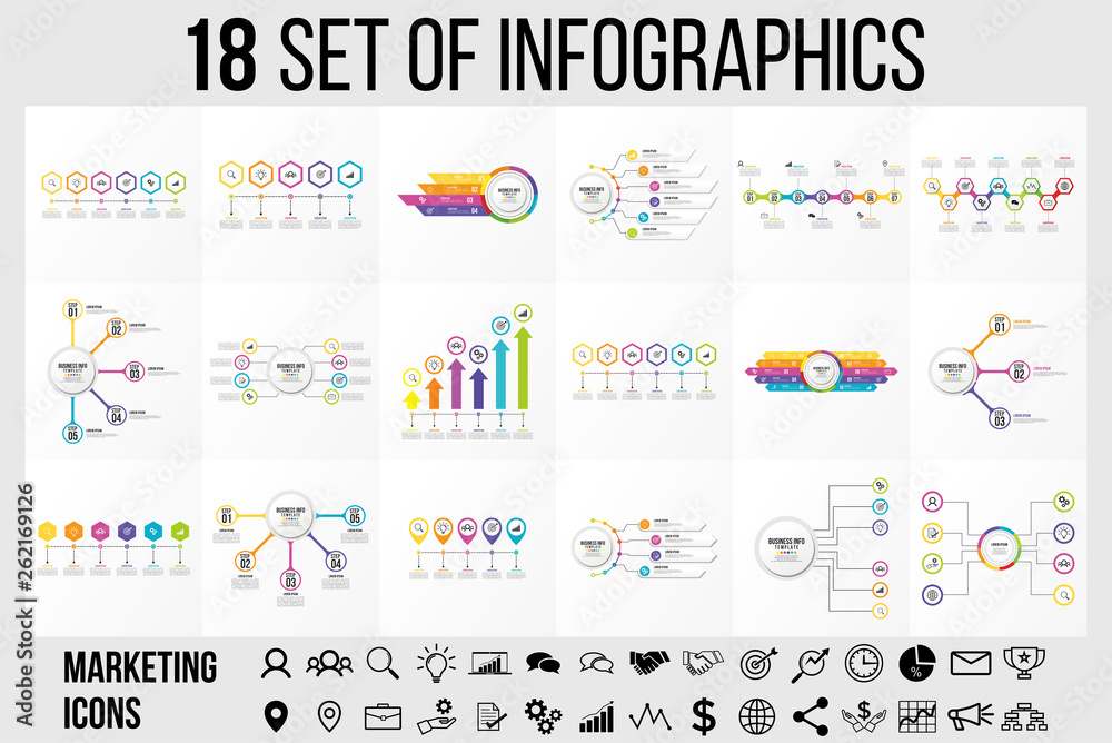 Vector 18 Set Of Infographics Template Design . Business Data Visualization Timeline with Marketing Icons most useful can be used for presentation, diagrams, annual reports, workflow layout