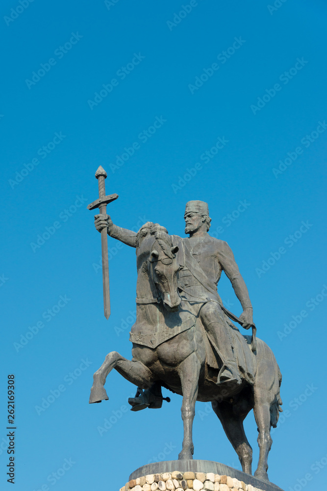 Telavi, Georgia - Jul 11 2018: Statue of Heraclius II at Telavi castle (Batonis Tsikhe Fortress). a famous Historic site in Telavi, Kakheti, Georgia.