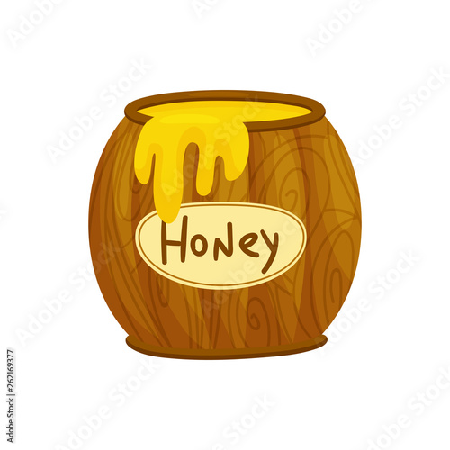 Full barrel of honey. Open barrel full of honey. Vector illustration on white background.