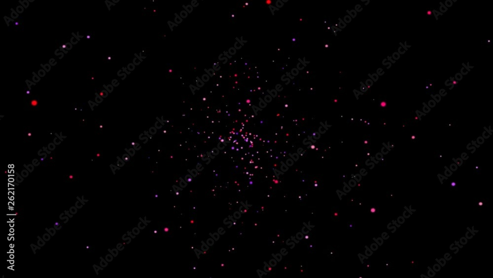 Traveling trough colored particles in space. Motion Graphics.