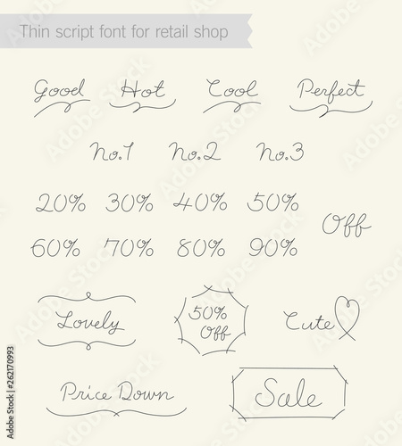 Slim elegant type for retail shops. Modern vector thin script sans serif font