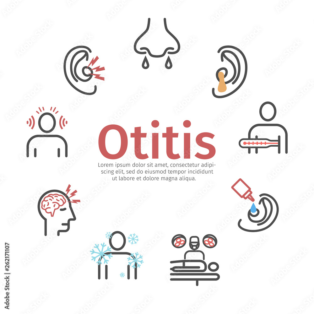 Otitis banner. Symptoms, Treatment. Vector signs for web graphics