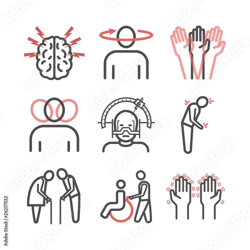 Parkinson's disease. Symptoms, Treatment. Line icons set. Vector signs.