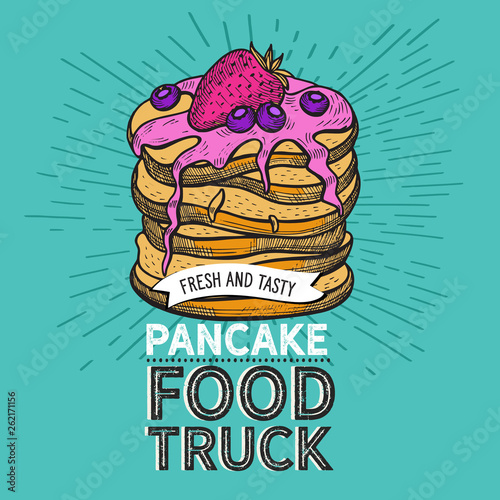Waffle, pancake, crepe illustration for dessert food truck.
