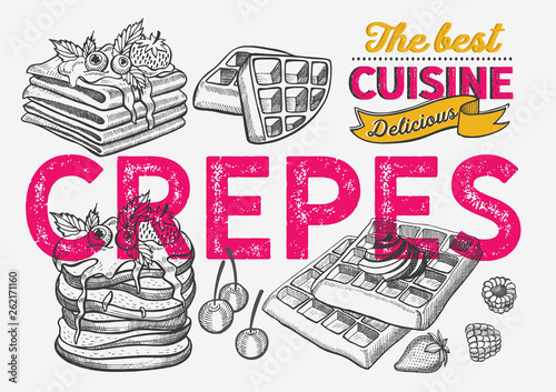 Waffle, pancake, crepe illustration for bakery.