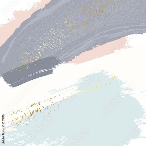 Brush strokes in gentle pastel colors on a white background. Delicate luxury blue grey texture template with golden glitter. Abstract wedding background palette.