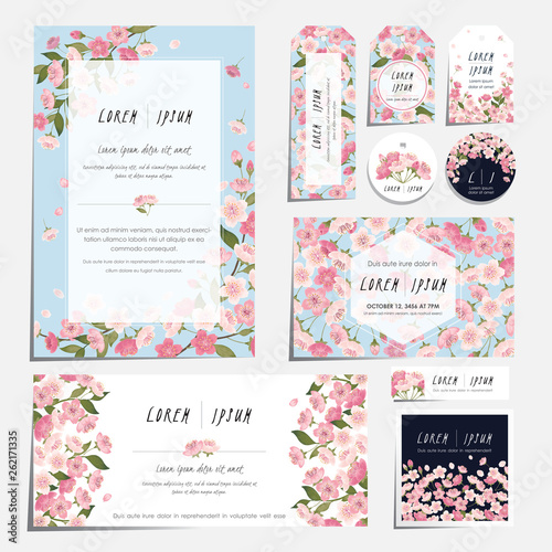 Vector illustration set of floral cards with cherry blossom in spring for wedding, anniversary, birthday parties. Design for icons, web design, print project for banner, poster, invitation, brochure