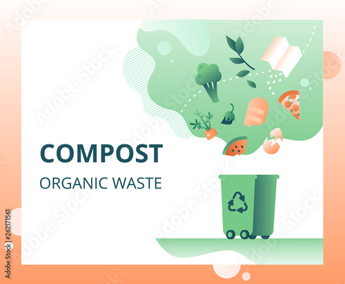 Green trash can and falling organic waste (vegetables, paper, leaves, food) for composting. Waste recycling concept for landing page, template, ui, web. Vector illustration