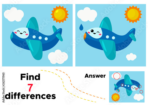 Find 7 differences. Vector kawaii cartoon plane. Educational game for kids.