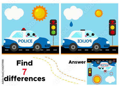Find 7 differences. Vector kawaii police car and traffic light. Educational game for kids.