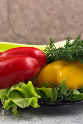 Fresh vegetables for a vegetarian salad. The concept of natural nutrition. Yellow and red pepper with lettuce and dill. Vertical, close-up.