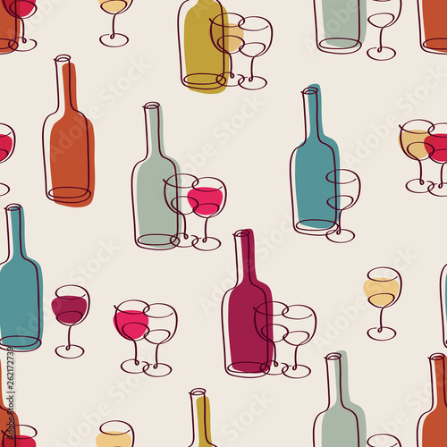 Simple seamless pattern with hand drawn bottles of wine glasses. Background for restaurant, bar menu, party, alcohol drinks, wrapping paper, textile, wallpapers and scrapbook. Vector illustration.
