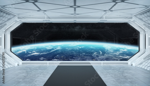 Fototapeta Naklejka Na Ścianę i Meble -  White blue spaceship futuristic interior with window view on planet Earth 3d rendering