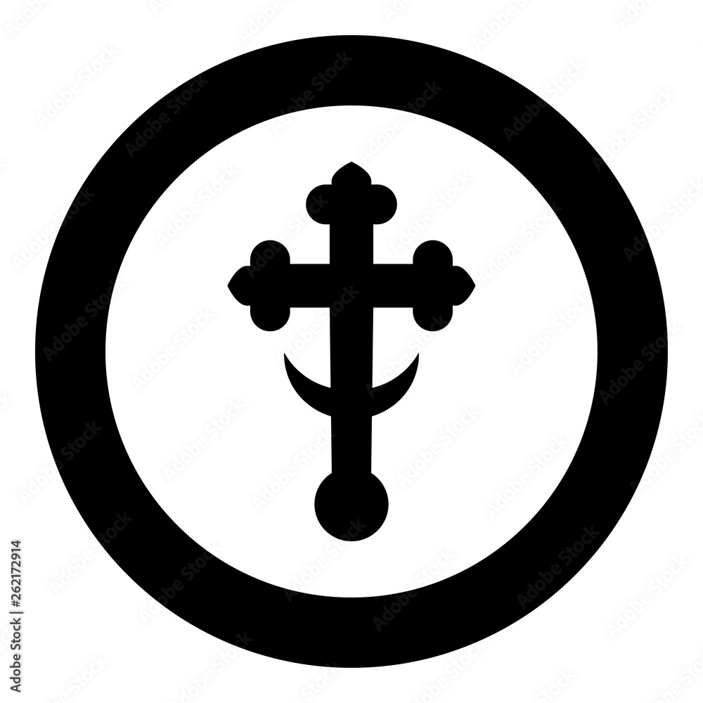 Cross trefoil shamrock on church cupola domical with half-moon Cross monogram Religious cross icon in circle round black color vector illustration flat style image Cross trefoil shamrock on church cupola domical with half-moon Cross monogram Religious cross icon in circle round black color vector illustration flat style image